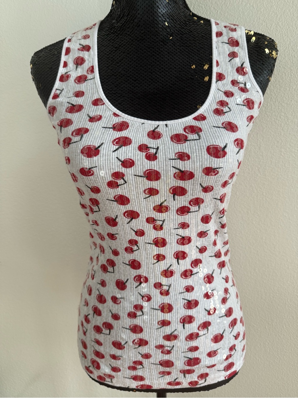 Love Rocks Y2K White Sequined Ribbed Tank Top with Red Cherry Print Size Small